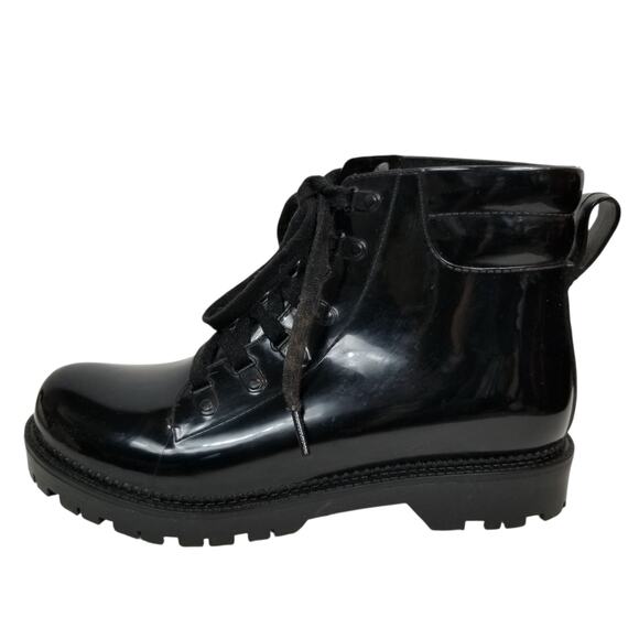 Circus by Sam Edelman Women's Black Lace Up Lug Sole Shiny Rubber Rain Boots 9 - Picture 3 of 11